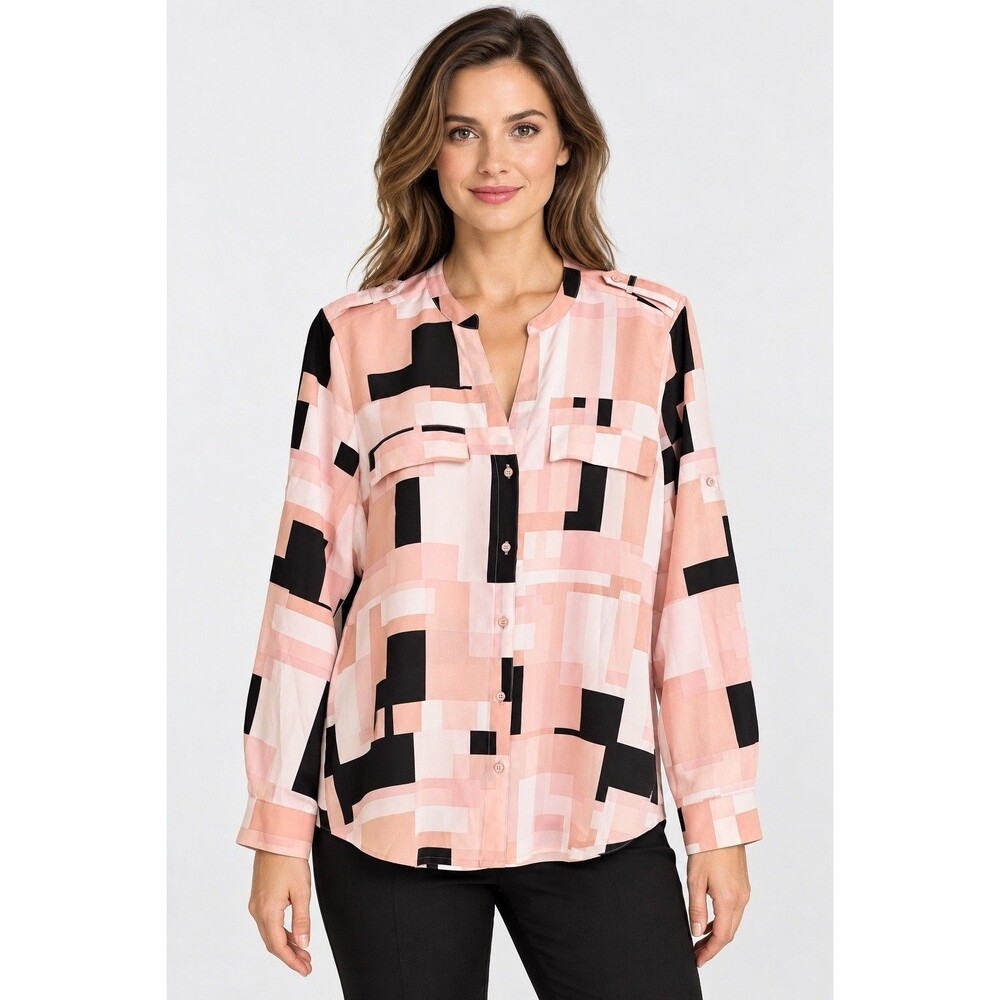 Calvin Klein Blouse Women’s Large Pink Geometric Button Front Long Sleeve Top